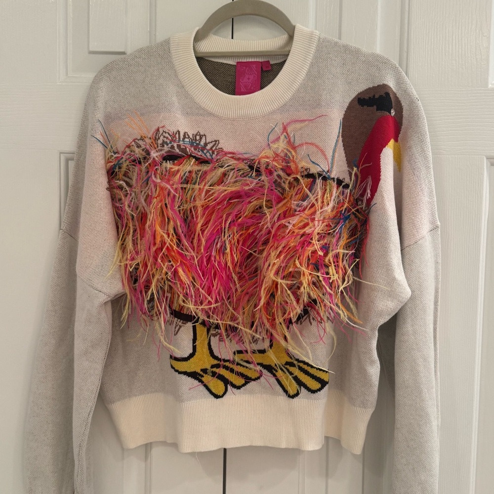 QUEEN OF SPARKLES Ivory Feather Turkey Sweater Size XS - Picture 2 of 5